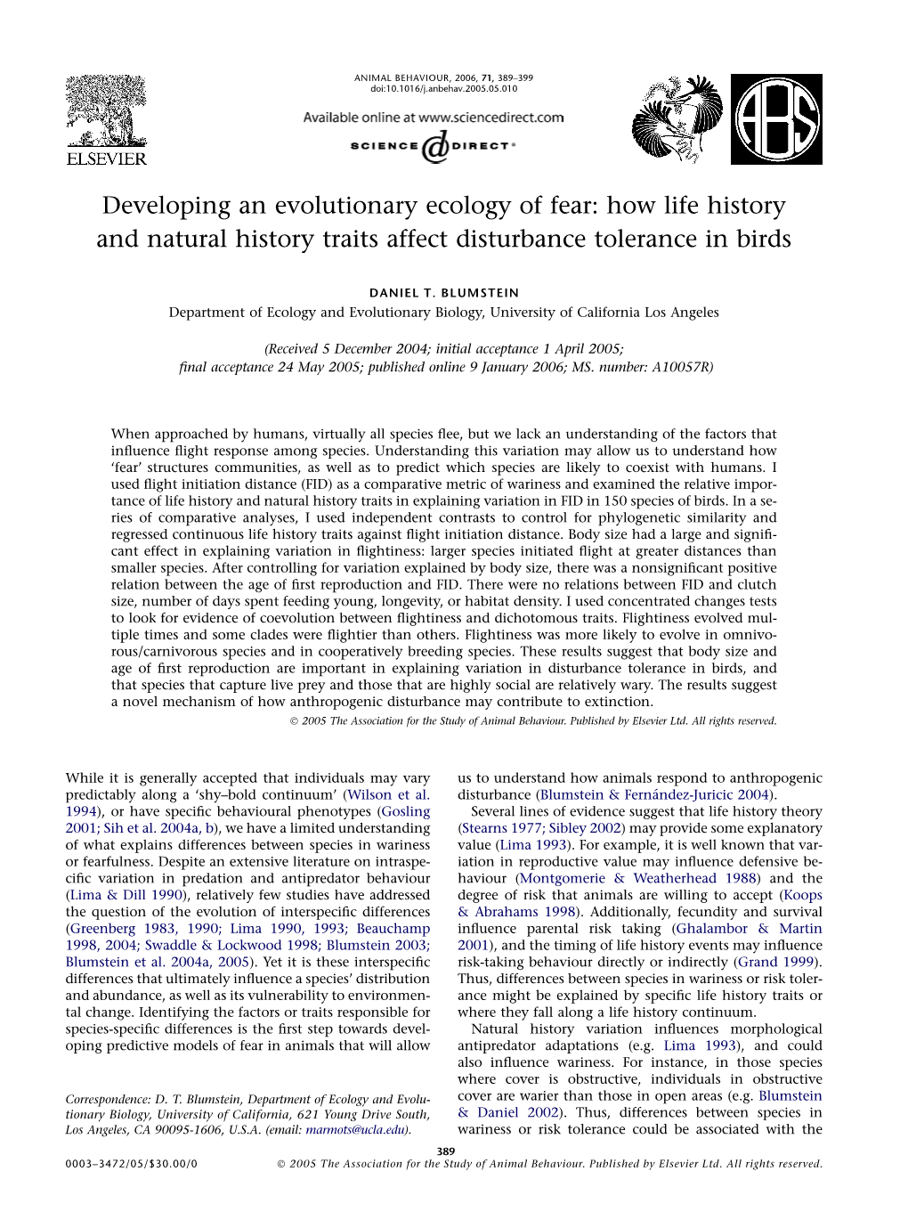 Developing an Evolutionary Ecology of Fear: How Life History and Natural History Traits Affect Disturbance Tolerance in Birds