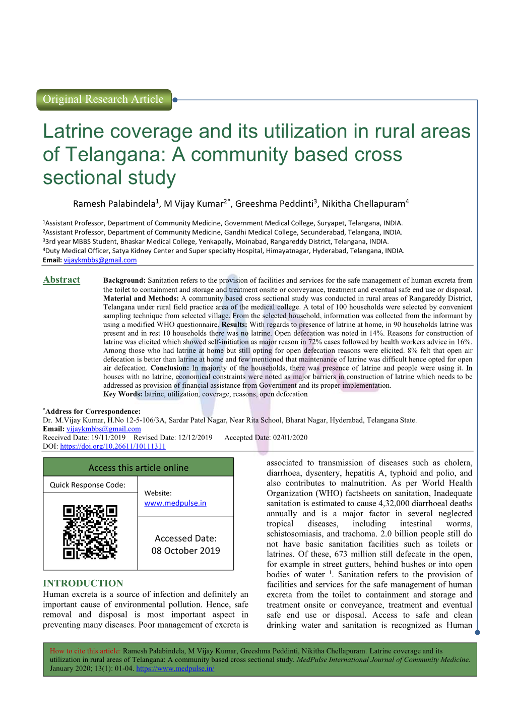 Latrine Coverage and Its Utilization in Rural Areas of Telangana: a Community Based Cross Sectional Study
