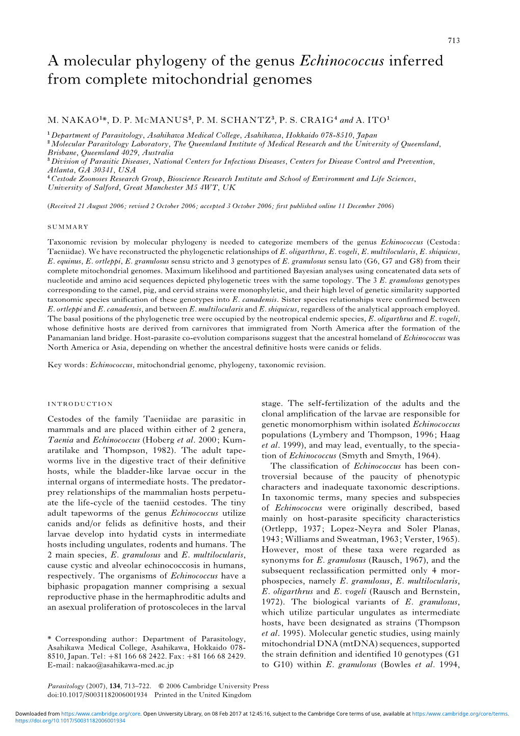 A Molecular Phylogeny of the Genus Echinococcus Inferred from Complete Mitochondrial Genomes