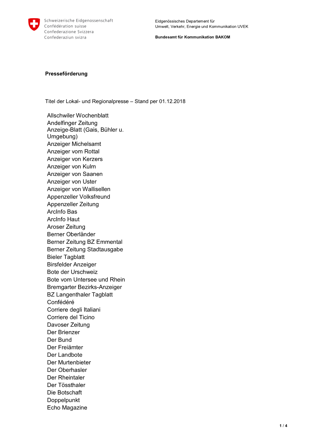 Titel Der Lokal- Und Regionalpresse – Stand Per 01.12.2018