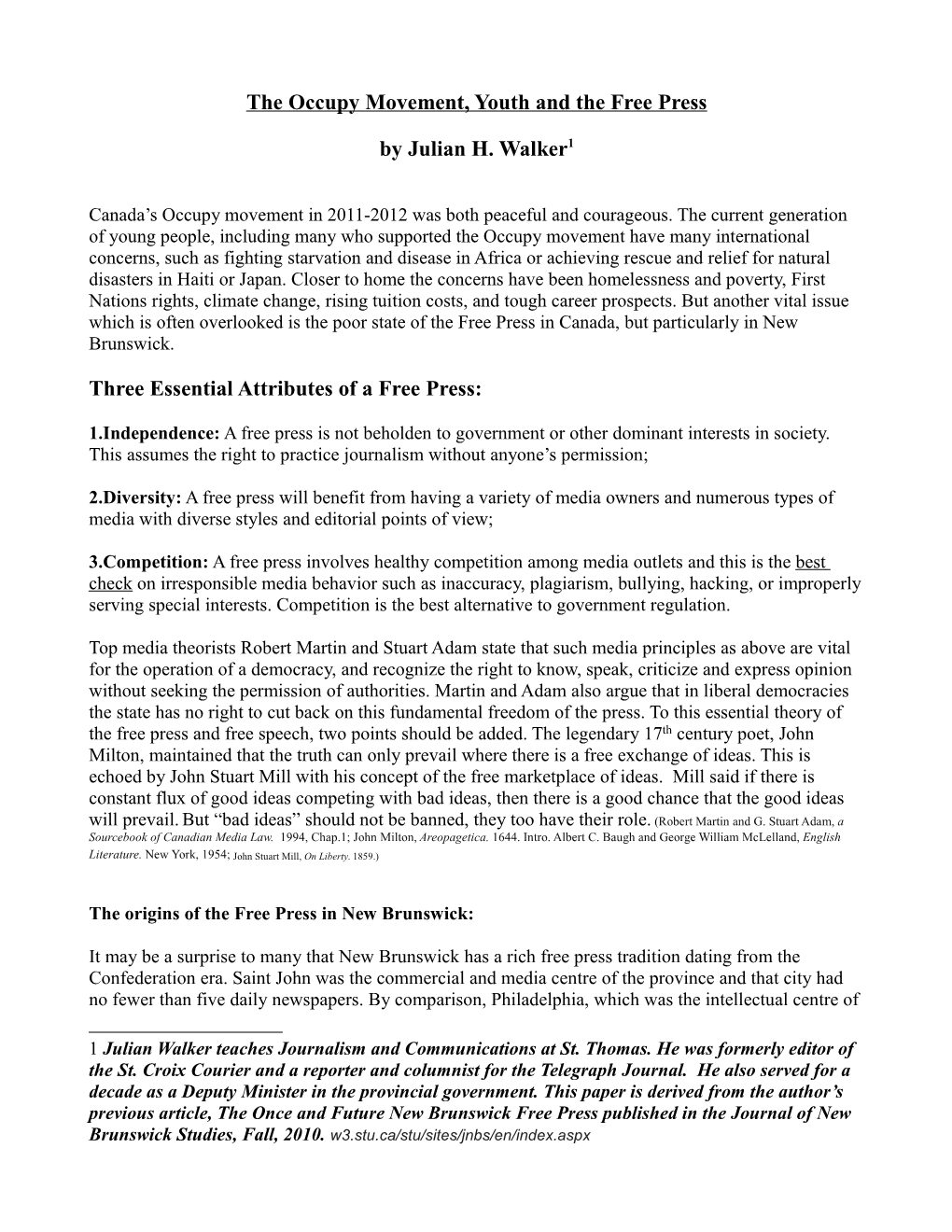 The Occupy Movement, Youth and the Free Press by Julian H. Walker1