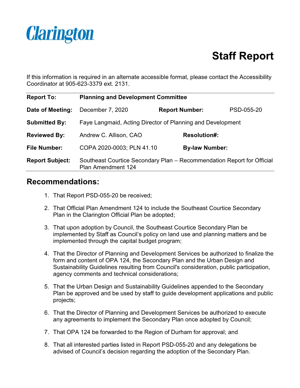 Southeast Courtice Secondary Plan – Recommendation Report for Official Plan Amendment 124 Recommendations