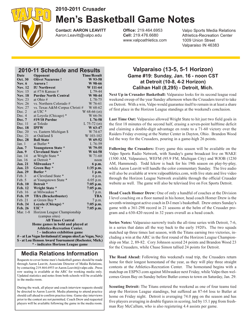 Men's Basketball Game Notes