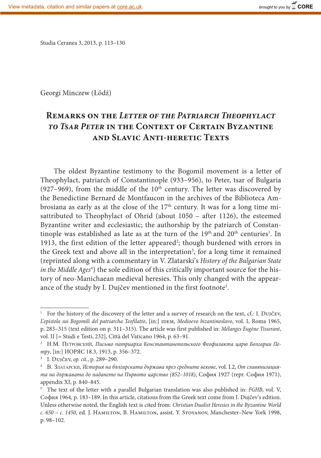 Remarks on the Letter of the Patriarch Theophylact to Tsar Peter in the Context of Certain Byzantine and Slavic Anti-Heretic Texts