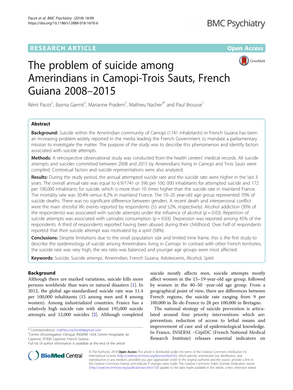 The Problem of Suicide Among Amerindians in Camopi-Trois Sauts, French Guiana 2008–2015