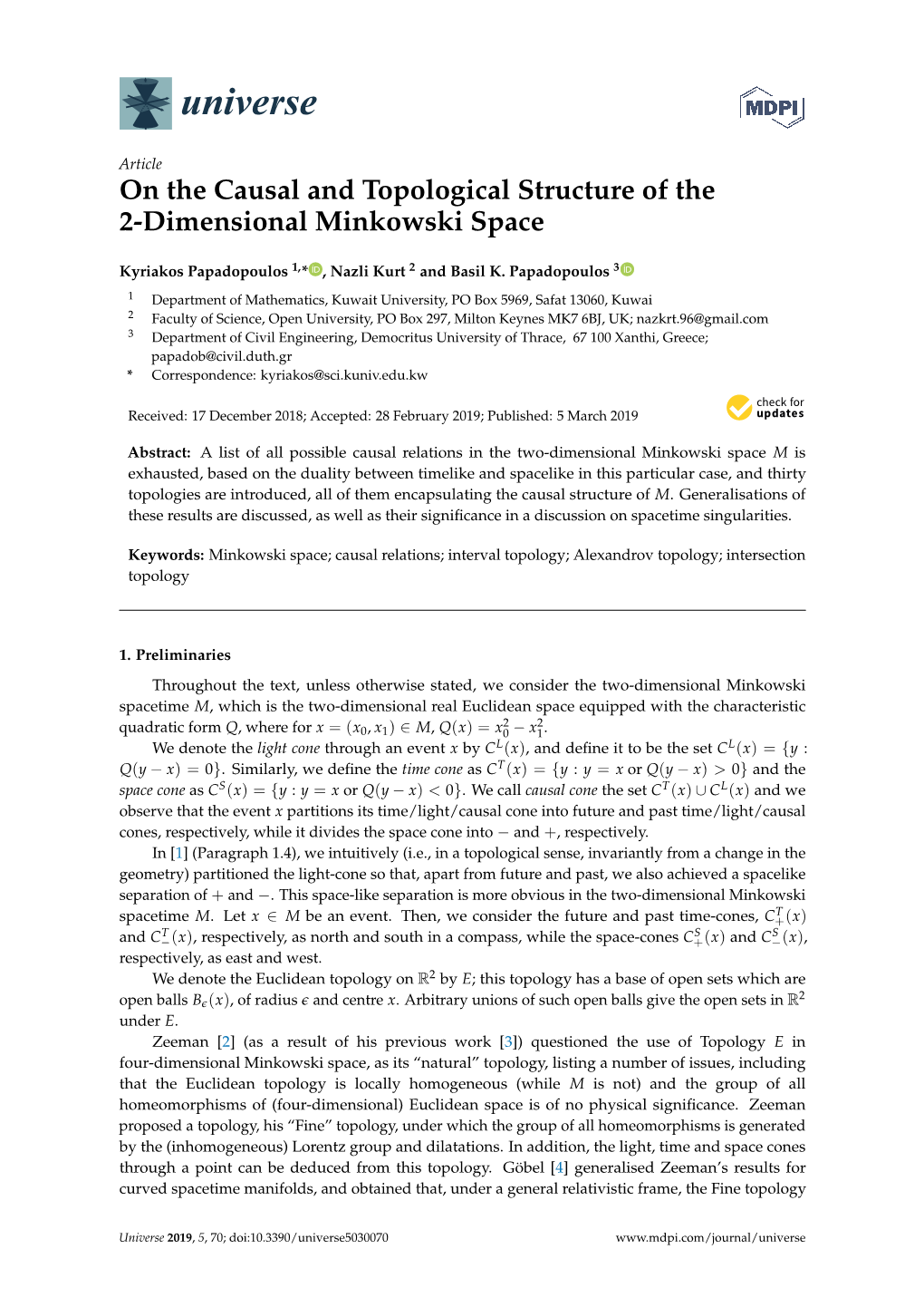 On the Causal and Topological Structure of the 2-Dimensional Minkowski Space