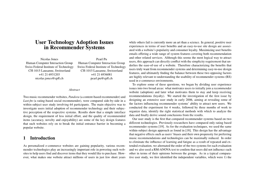 User Technology Adoption Issues in Recommender Systems