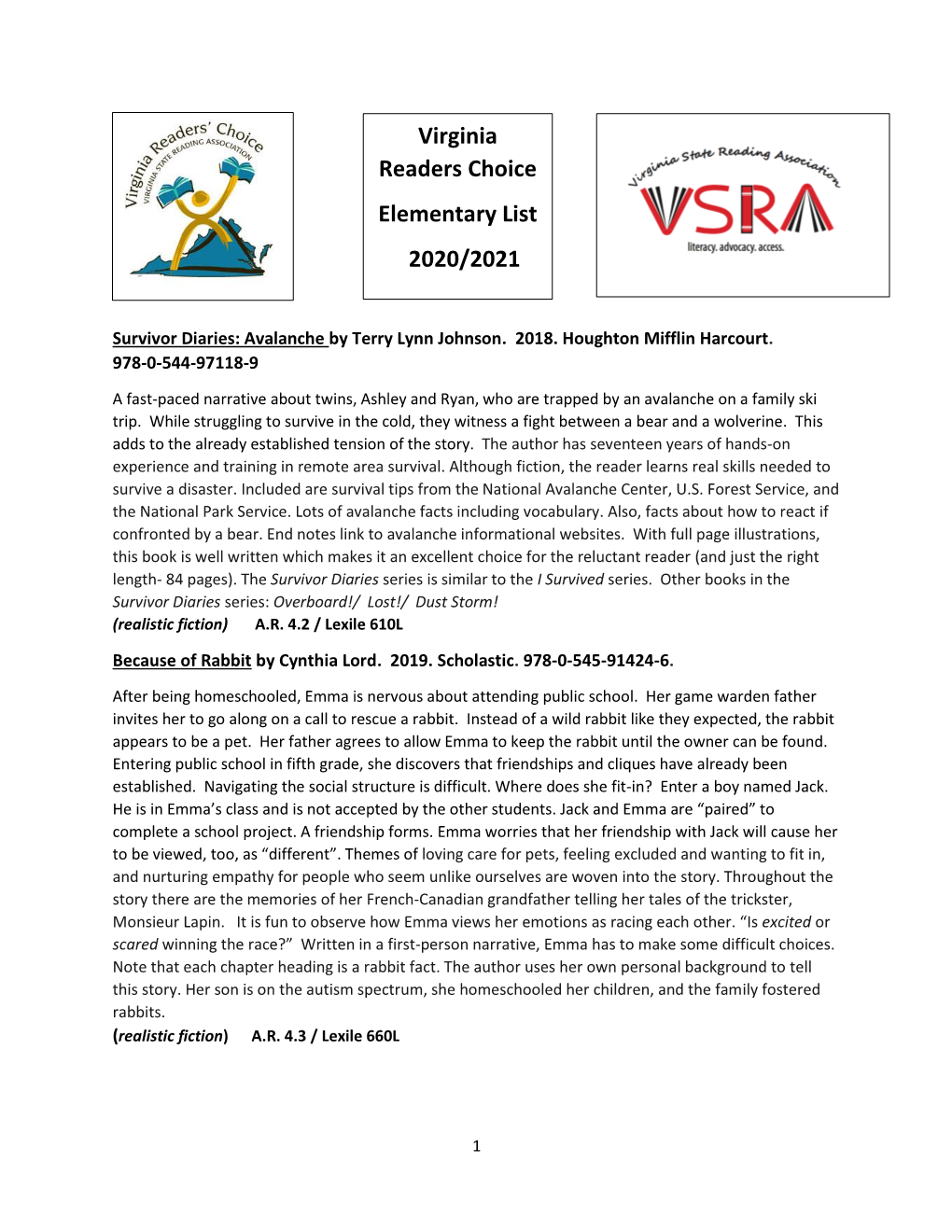 Virginia Readers Choice Elementary List 2020/2021