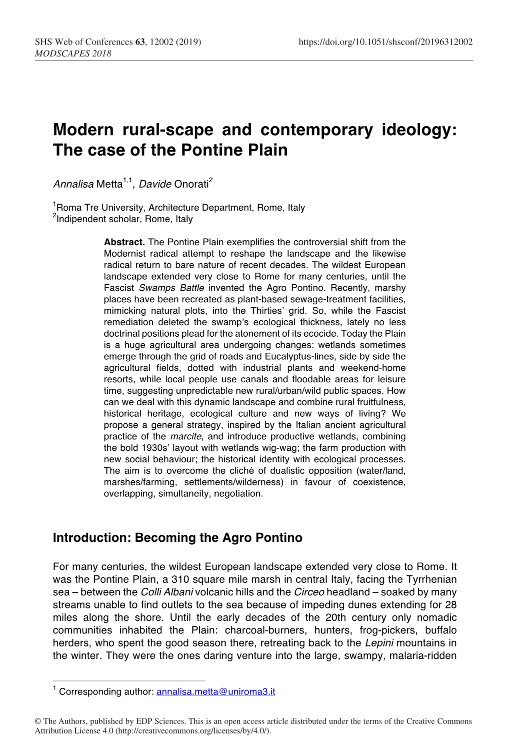 Modern Rural-Scape and Contemporary Ideology: the Case of the Pontine Plain