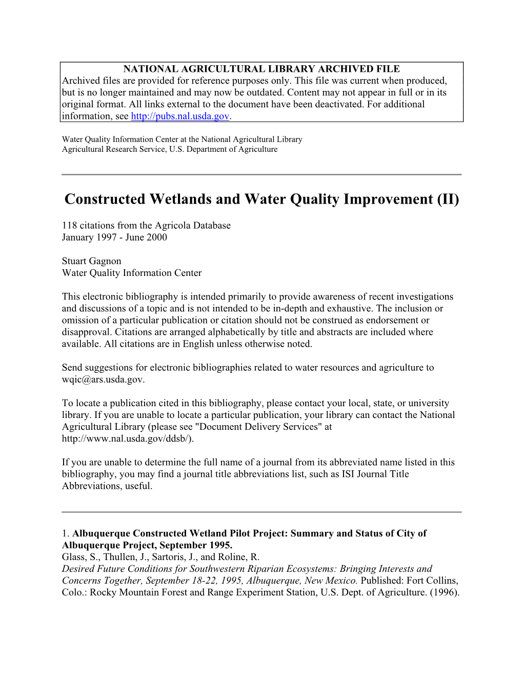 Constructed Wetlands and Water Quality Improvement (II)