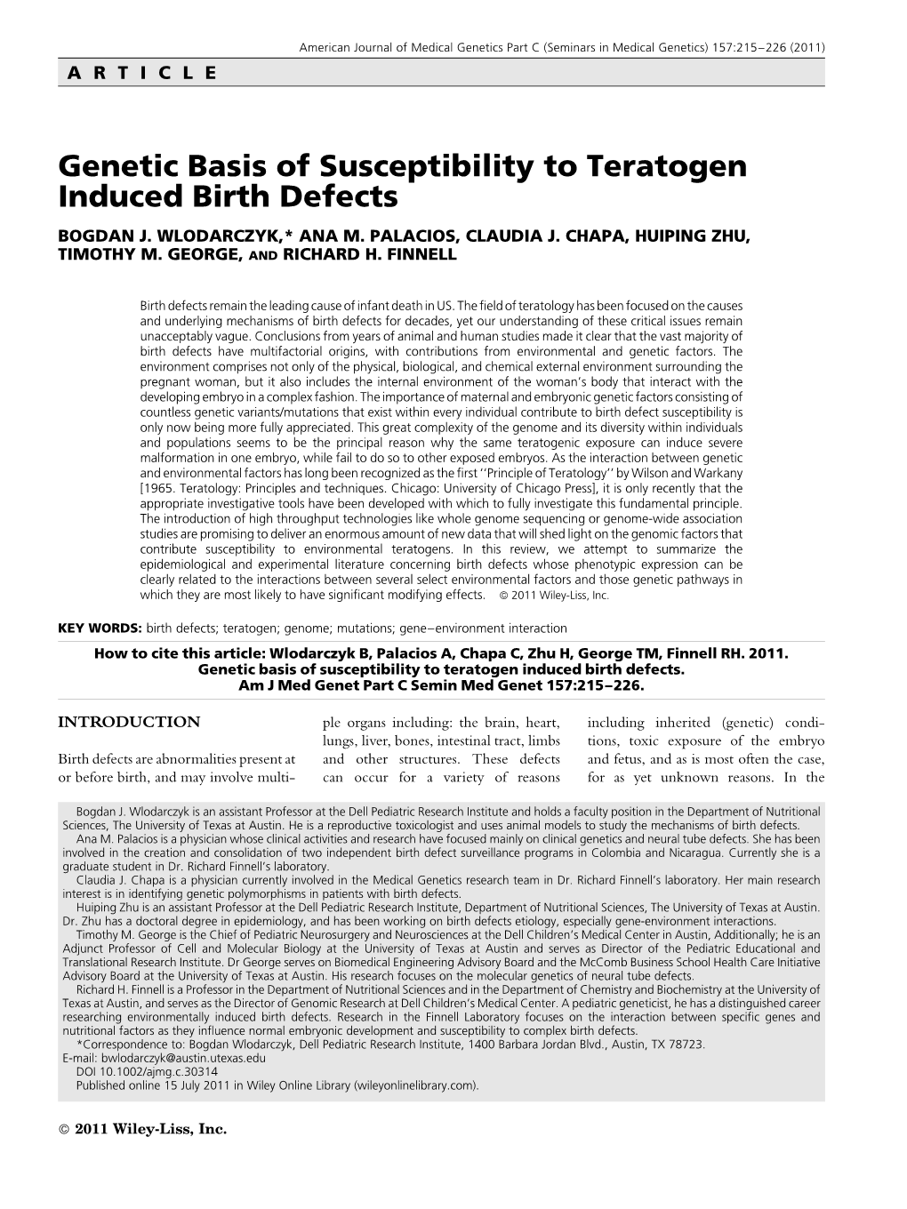 Genetic Basis of Susceptibility to Teratogen Induced Birth Defects BOGDAN J