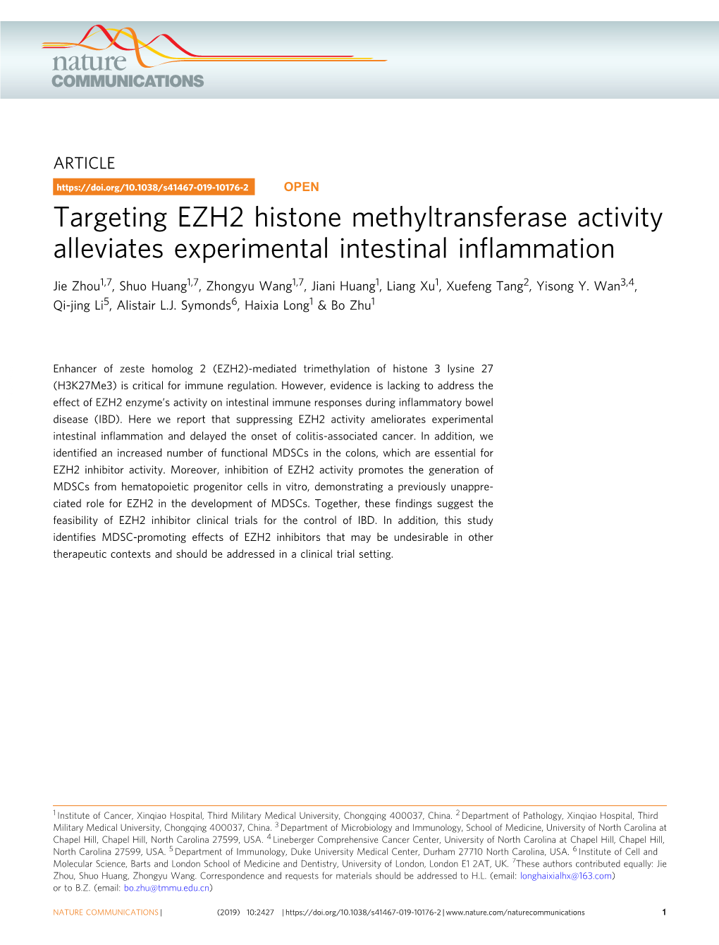 Targeting EZH2 Histone Methyltransferase Activity Alleviates Experimental Intestinal Inﬂammation