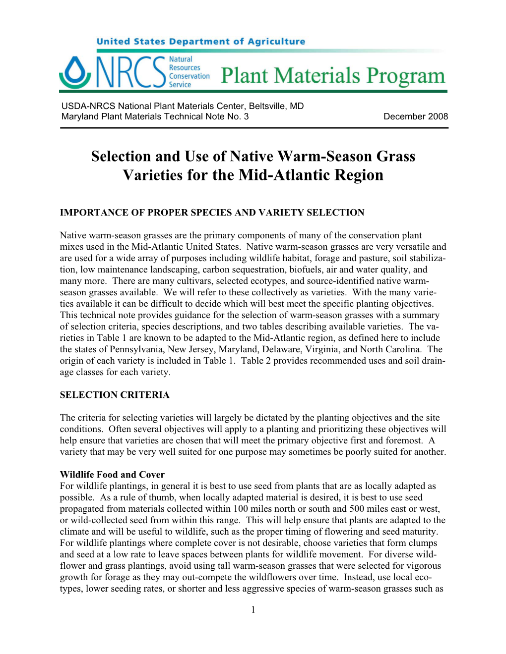 Selection and Use of Native Warm-Season Grass Varieties for the Mid-Atlantic Region