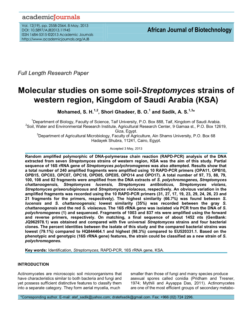 Molecular Studies on Some Soil-Streptomyces Strains of Western Region, Kingdom of Saudi Arabia (KSA)