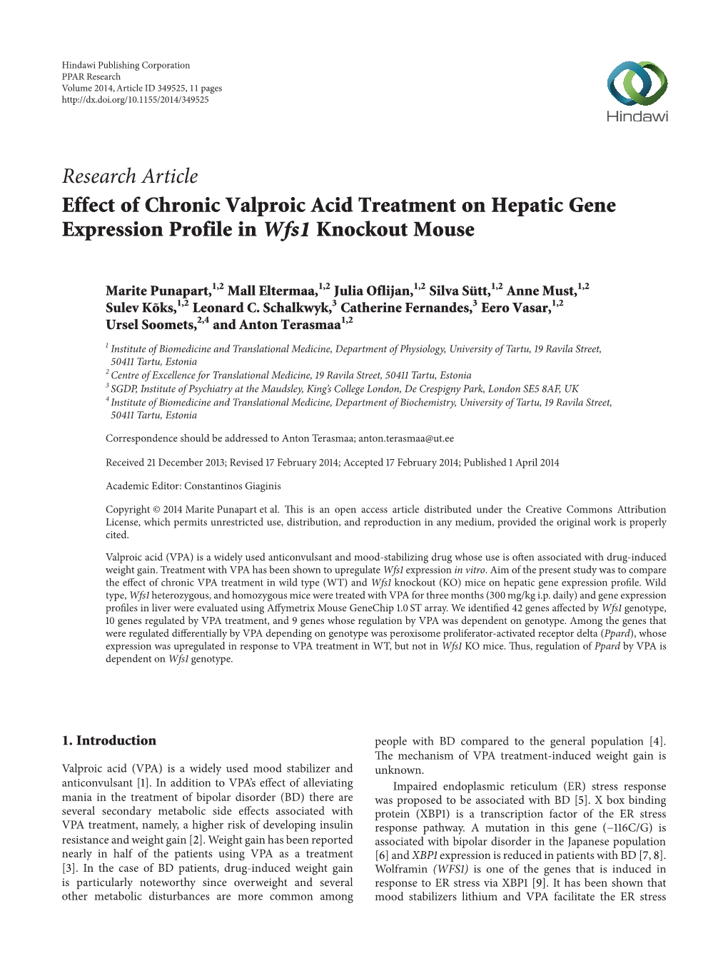 Effect of Chronic Valproic Acid Treatment on Hepatic Gene Expression Profile in Wfs1 Knockout Mouse