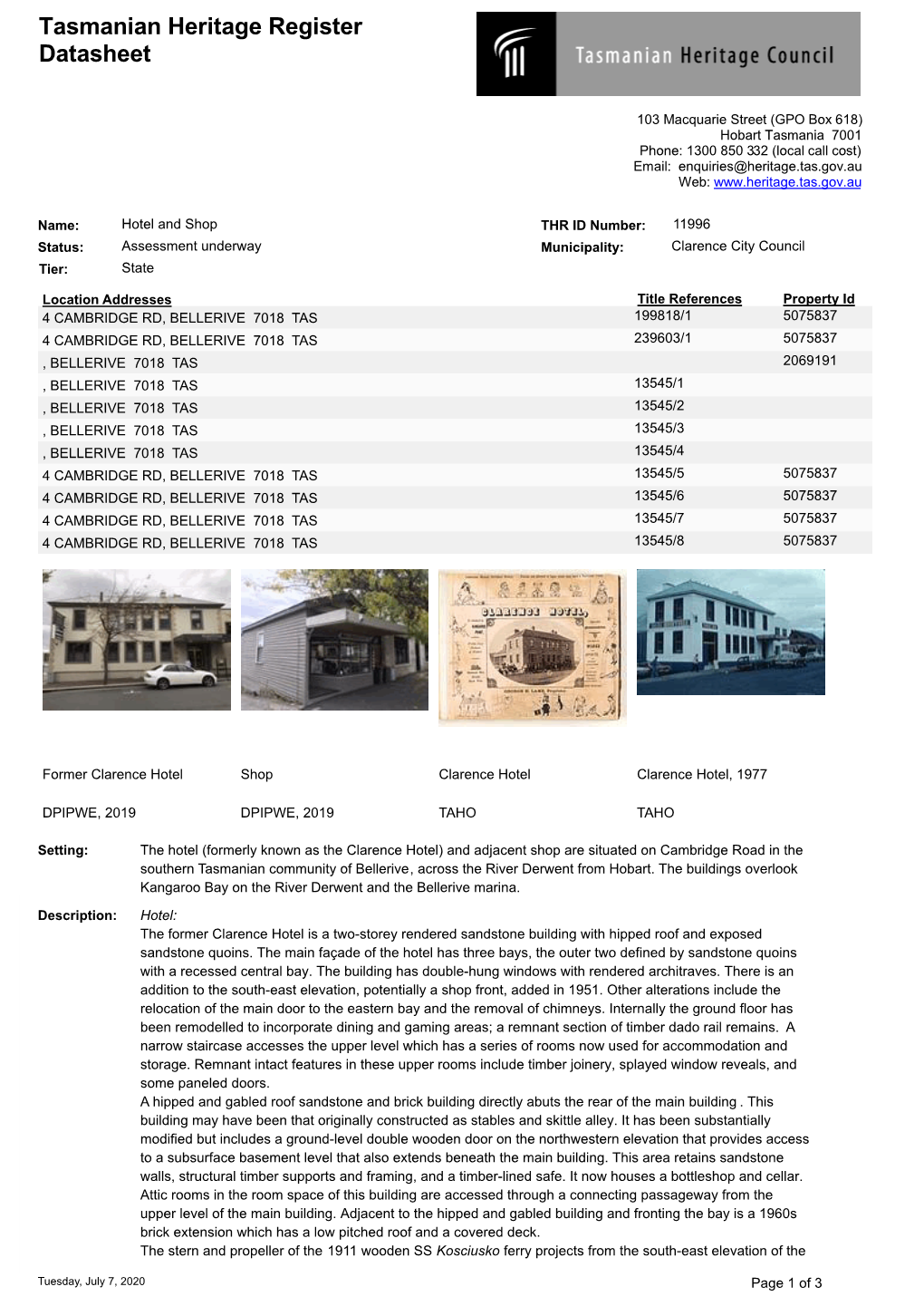 Tasmanian Heritage Register Datasheet