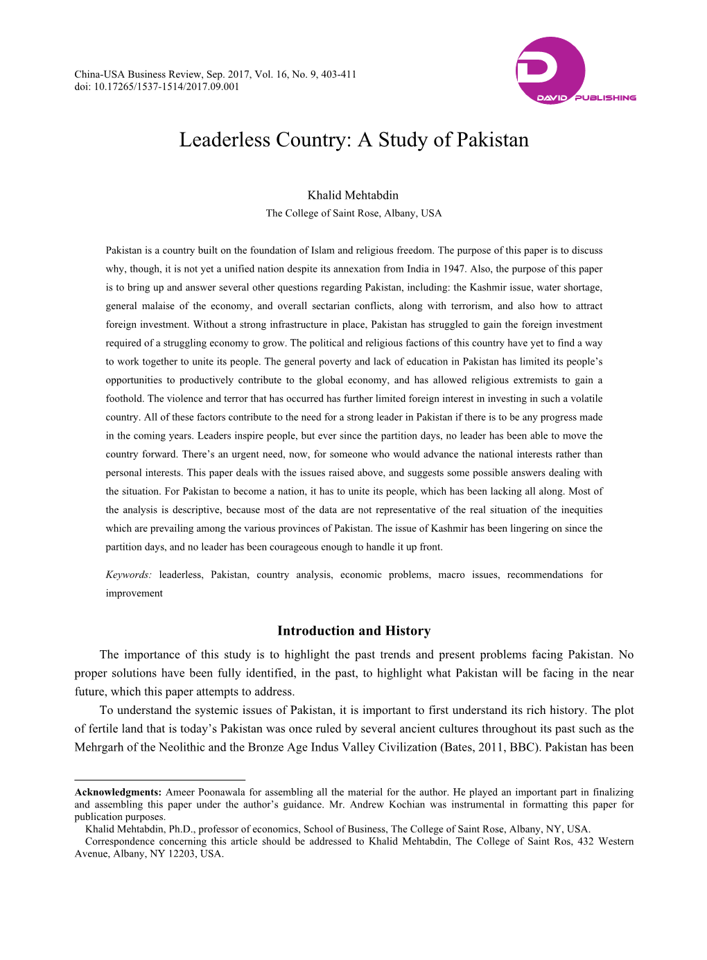 Leaderless Country: a Study of Pakistan