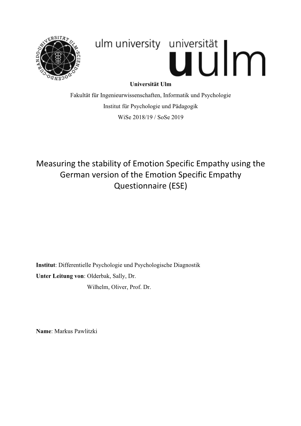 Measuring the Stability of Emotion Specific Empathy Using the German Version of the Emotion Specific Empathy Questionnaire (ESE)