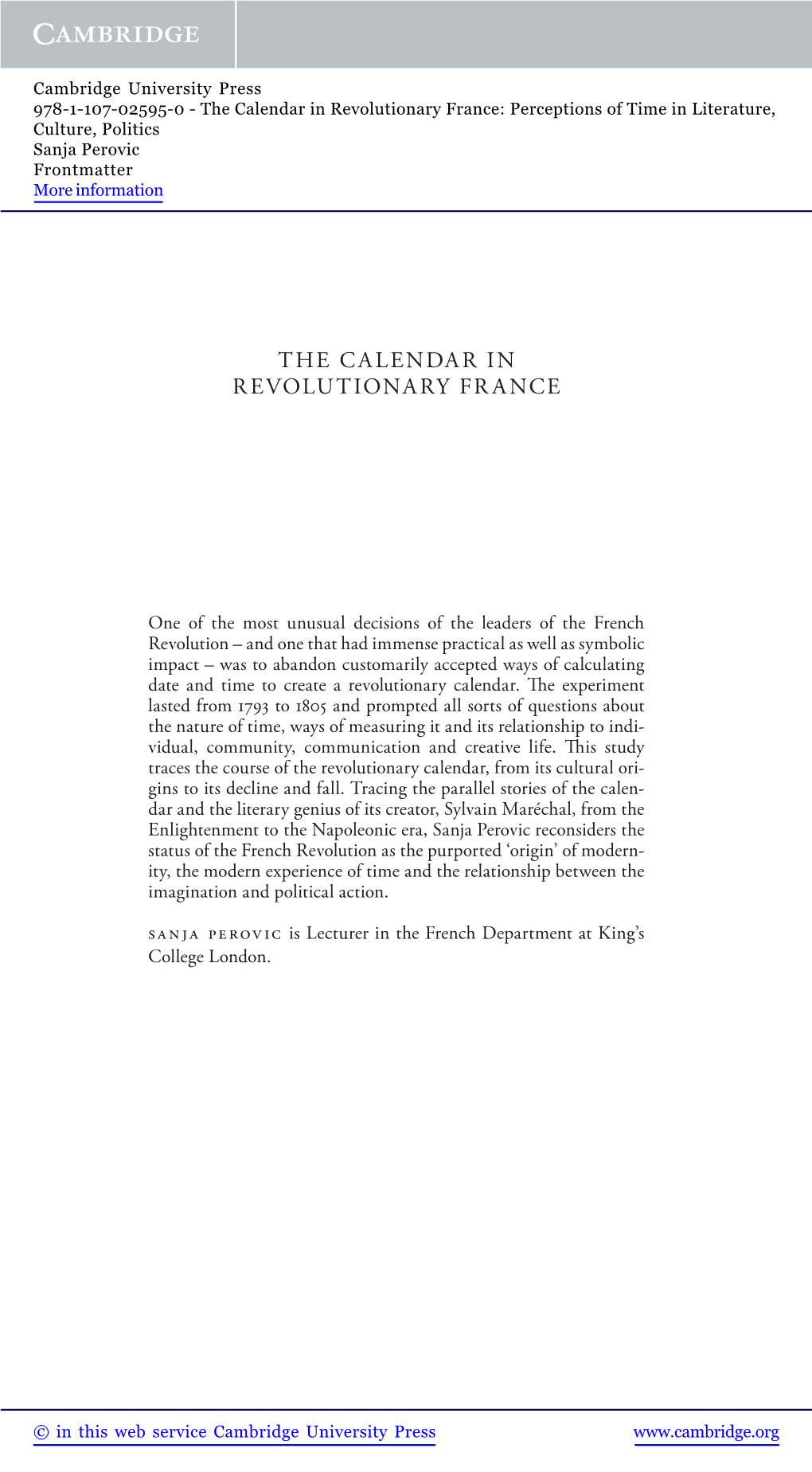 The Calendar in Revolutionary France: Perceptions of Time in Literature, Culture, Politics Sanja Perovic Frontmatter More Information