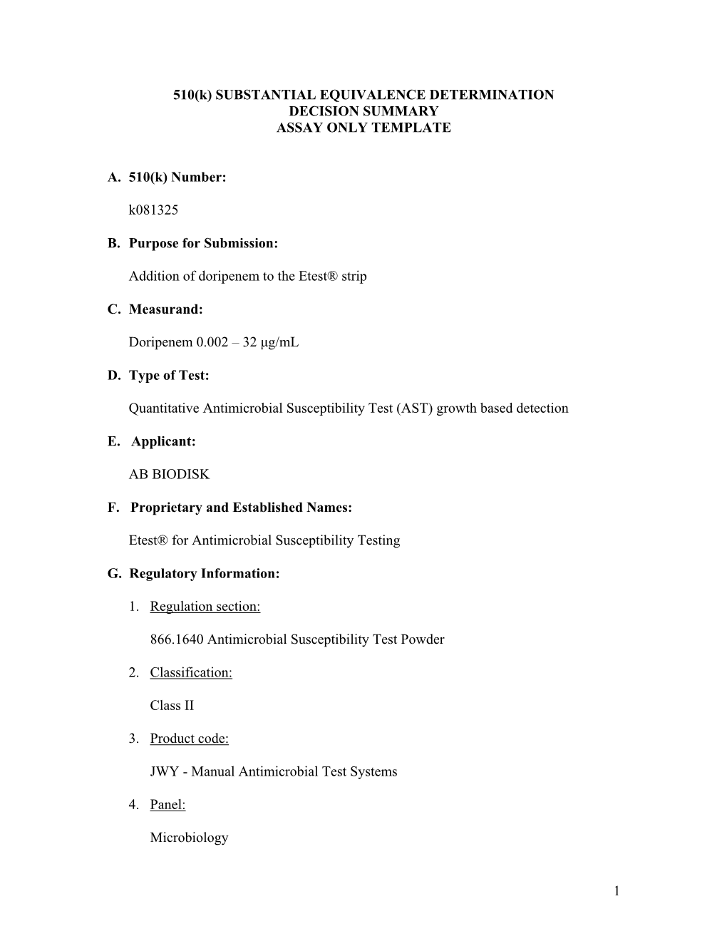 Decision Summary Assay Only Template