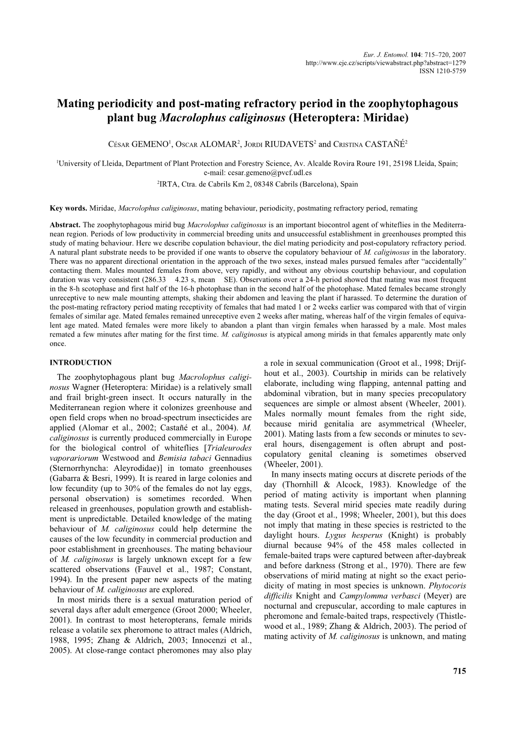 Mating Periodicity and Post-Mating Refractory Period in the Zoophytophagous Plant Bug Macrolophus Caliginosus (Heteroptera: Miridae)