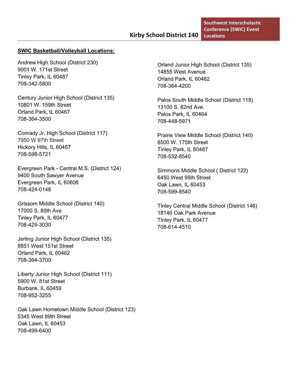 Southwest Interscholastic Conference (SWIC) Event Kirby School District 140 Locations