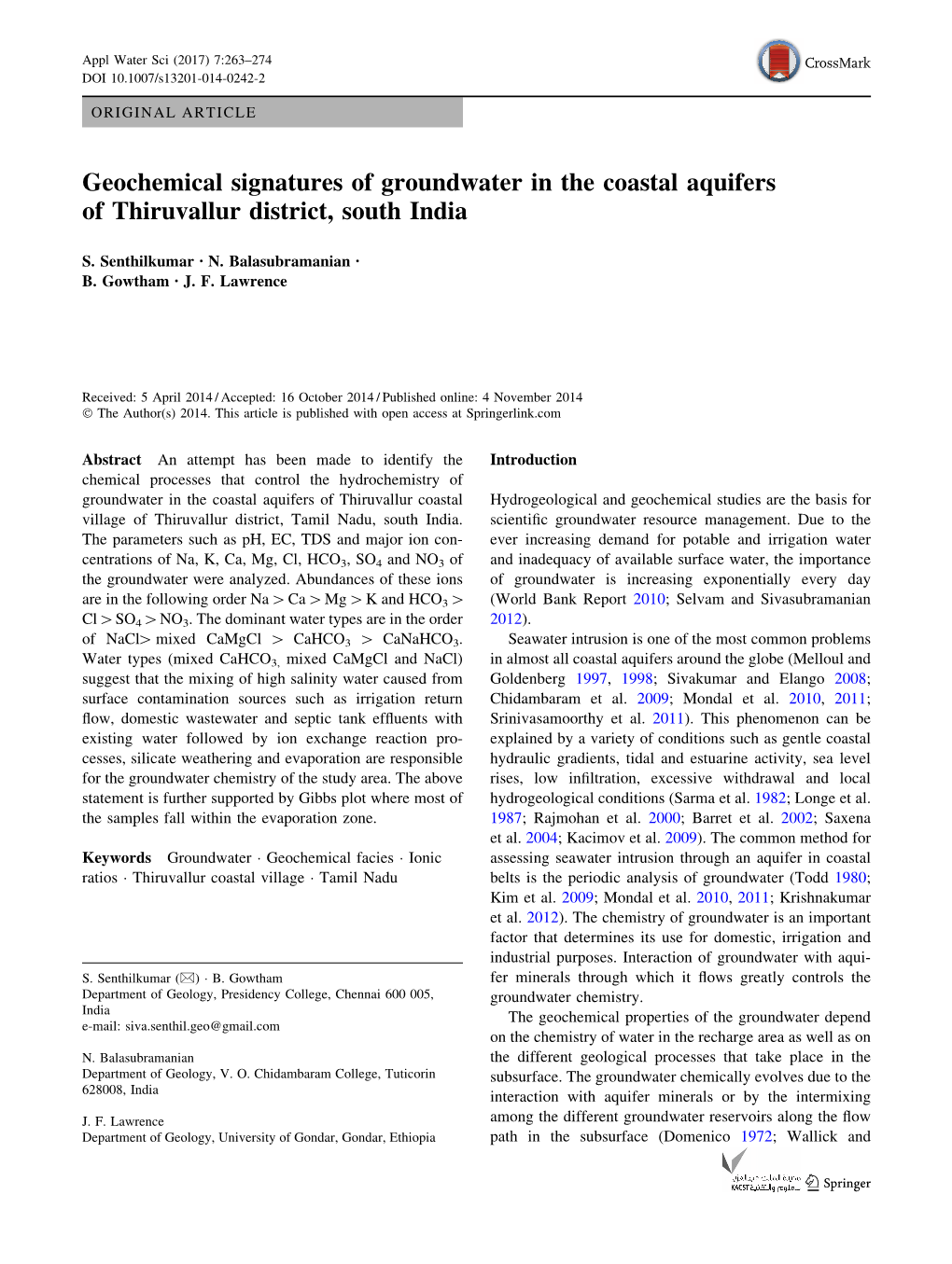 Geochemical Signatures of Groundwater in the Coastal Aquifers of Thiruvallur District, South India