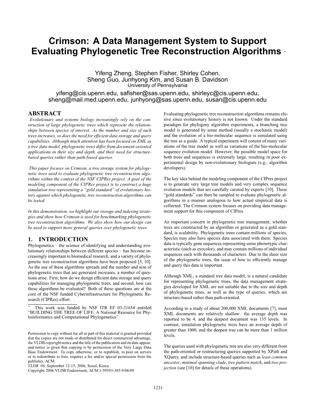 Crimson: a Data Management System to Support Evaluating Phylogenetic Tree Reconstruction Algorithms ∗