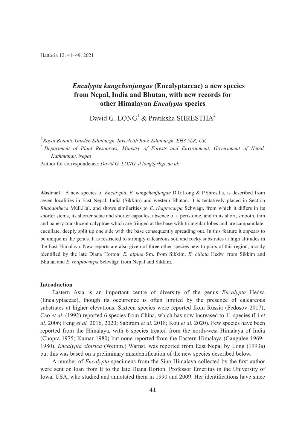 Encalypta Kangchenjungae (Encalyptaceae) a New Species from Nepal, India and Bhutan, with New Records for Other Himalayan Encalypta Species