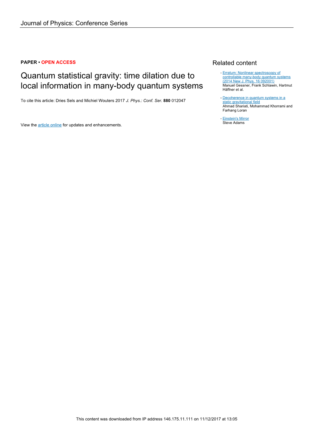 Quantum Statistical Gravity: Time Dilation Due to Controllable Many-Body Quantum Systems (2014 New J