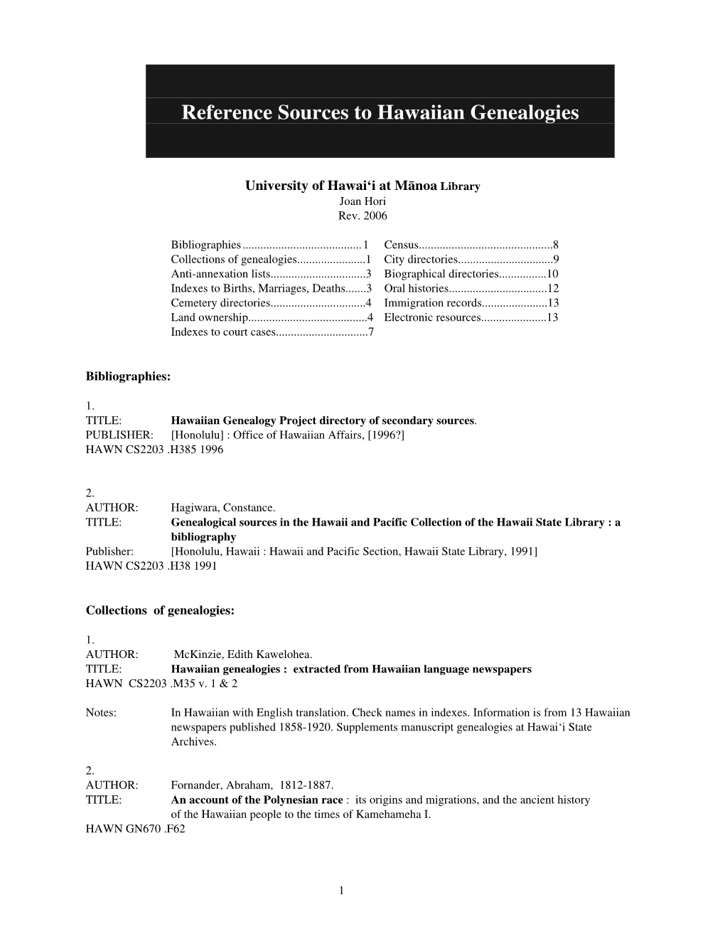 Reference Sources to Hawaiian Genealogies