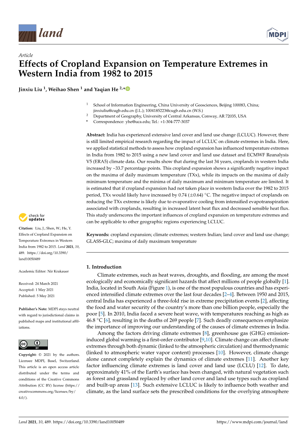 Effects of Cropland Expansion on Temperature Extremes in Western India from 1982 to 2015