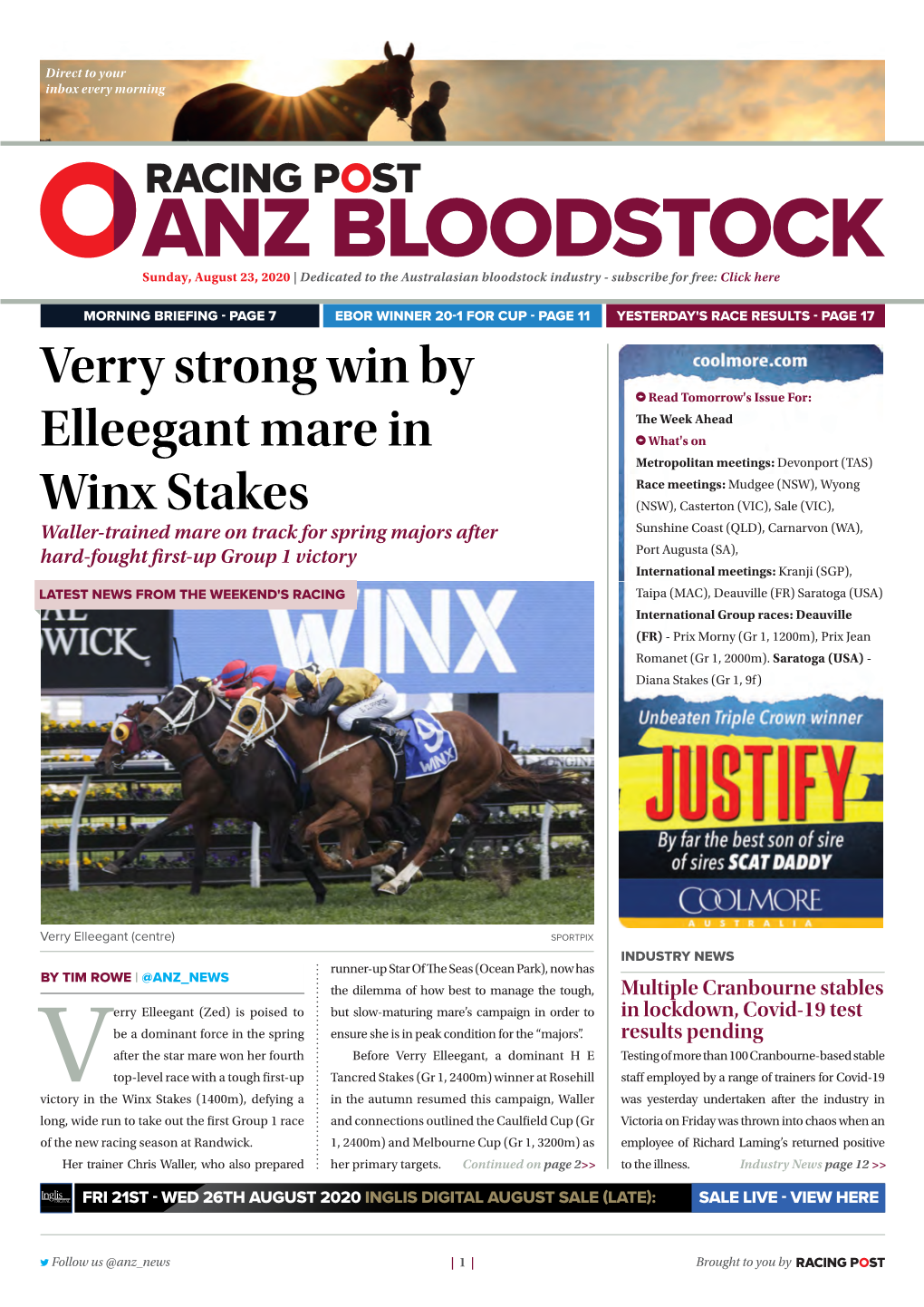 Verry Strong Win by Elleegant Mare in Winx Stakes | 2 | Sunday, August 23, 2020