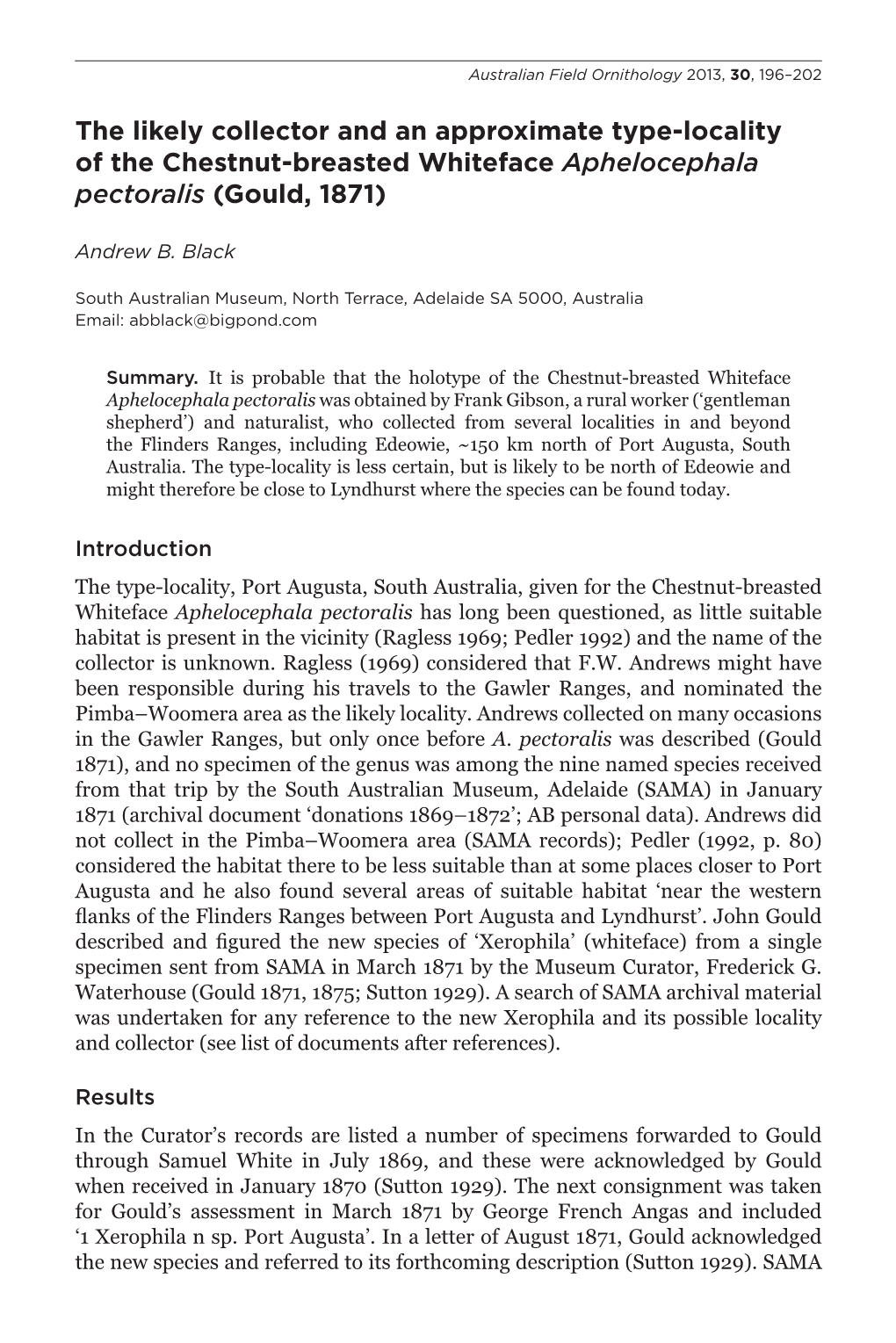 The Likely Collector and an Approximate Type-Locality of the Chestnut-Breasted Whiteface Aphelocephala Pectoralis (Gould, 1871)