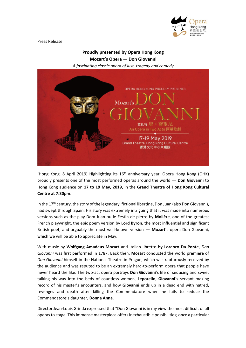 Proudly Presented by Opera Hong Kong Mozart's Opera — Don Giovanni