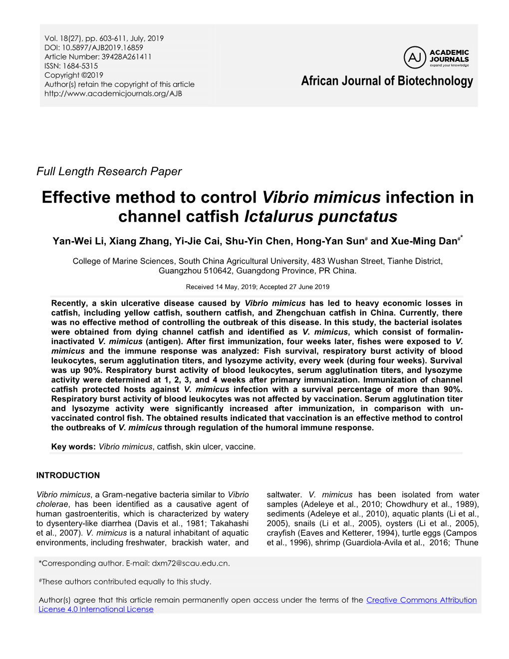 Effective Method to Control Vibrio Mimicus Infection in Channel Catfish Ictalurus Punctatus
