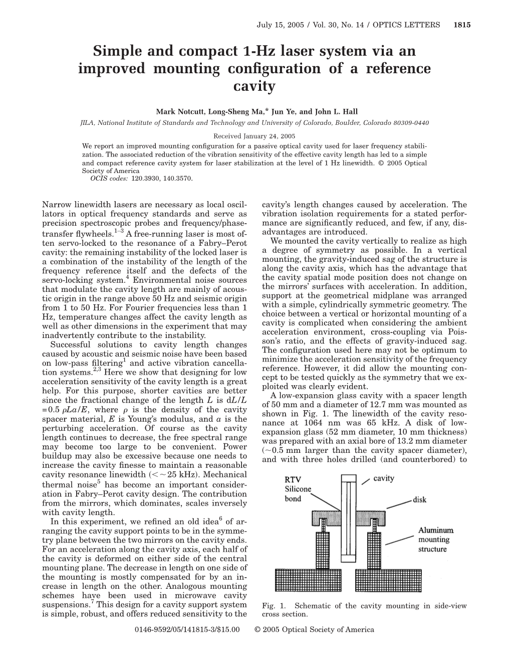 Simple and Compact 1-Hz Laser System Via an Improved Mounting Conﬁguration of a Reference Cavity