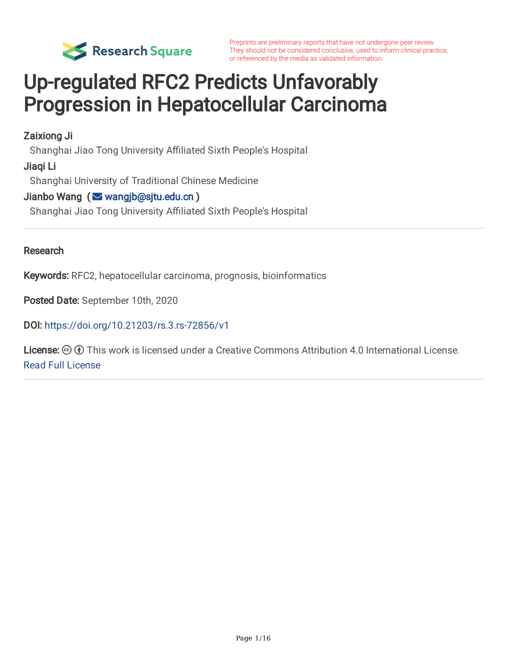 Up-Regulated RFC2 Predicts Unfavorably Progression in Hepatocellular Carcinoma