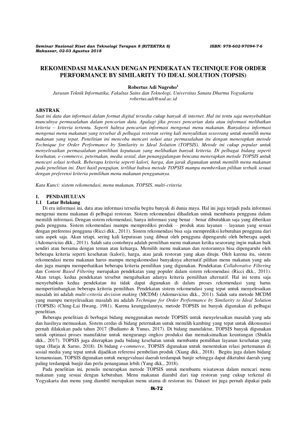 Rekomendasi Makanan Dengan Pendekatan Technique for Order Performance by Similarity to Ideal Solution (Topsis)