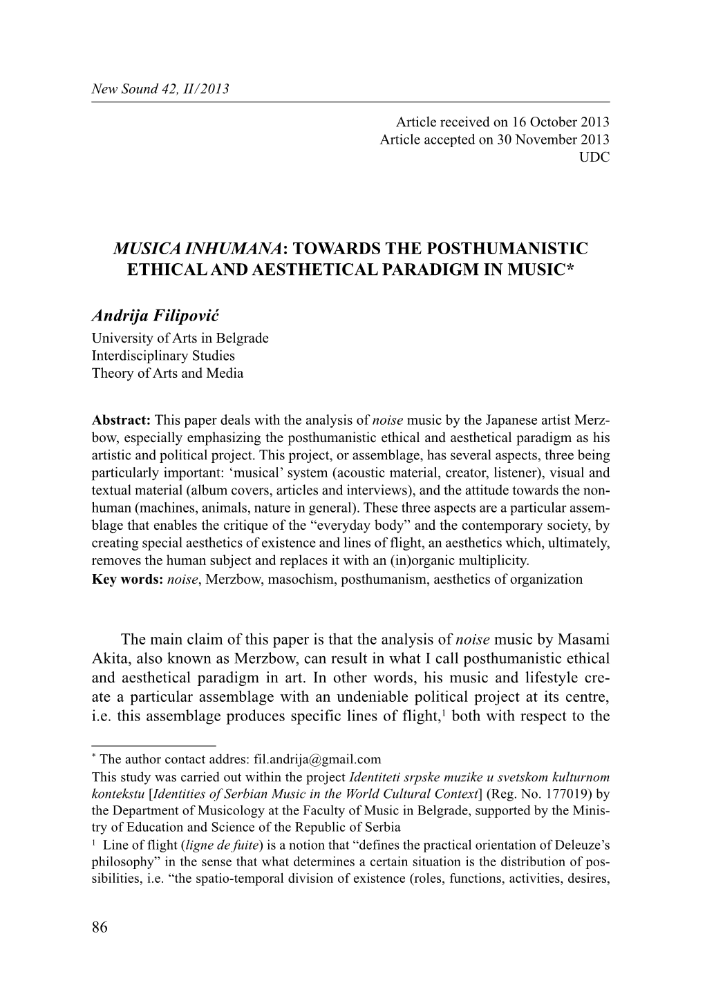 Musica Inhumana: Towards the Posthumanistic Ethical and Aesthetical Paradigm in Music*