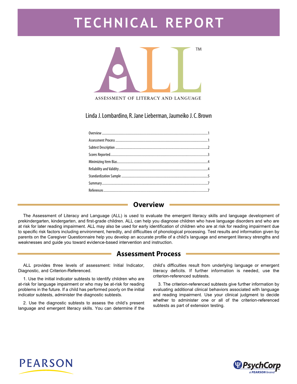 ALL (Assessment of Literacy and Language) Technical Report