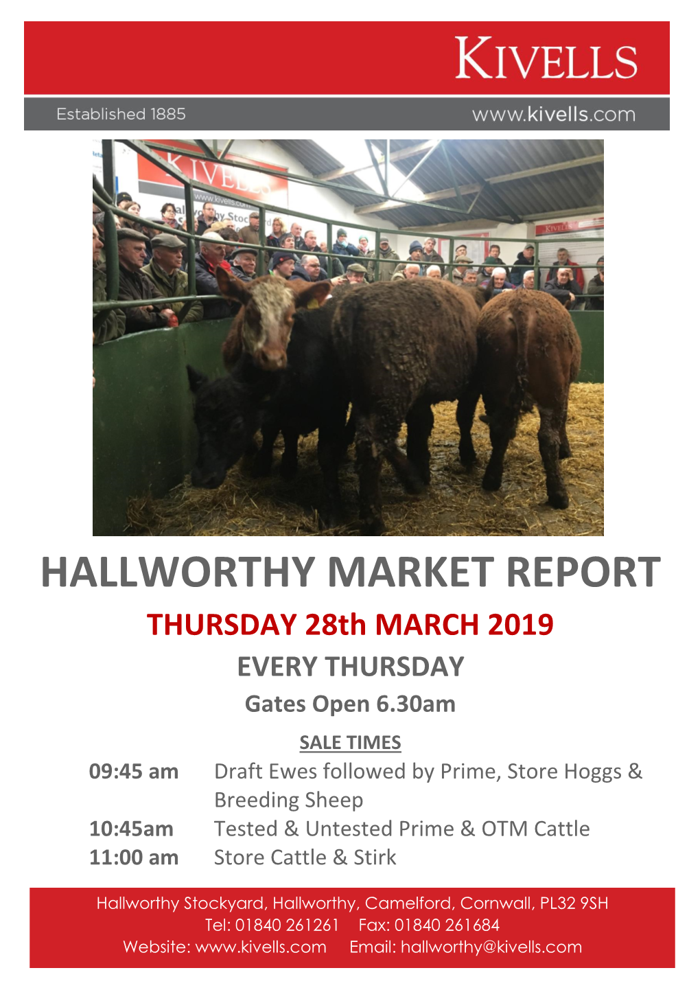 HALLWORTHY MARKET REPORT THURSDAY 28Th MARCH 2019 EVERY THURSDAY Gates Open 6.30Am