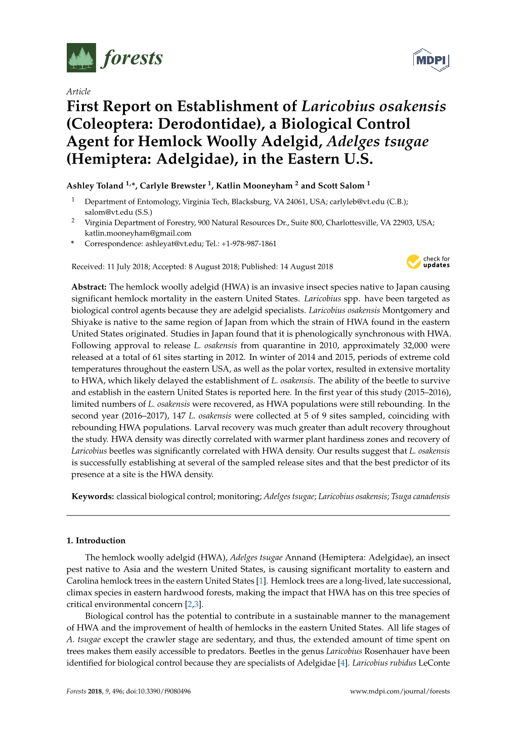 First Report on Establishment of Laricobius Osakensis (Coleoptera