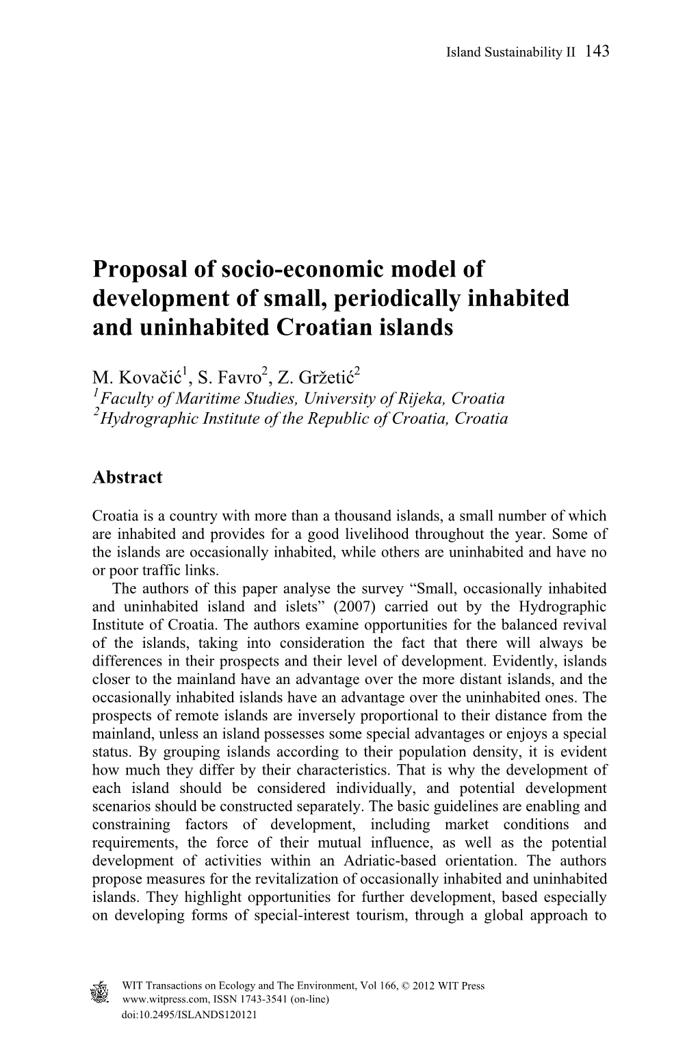 Proposal of Socio-Economic Model of Development of Small, Periodically Inhabited and Uninhabited Croatian Islands