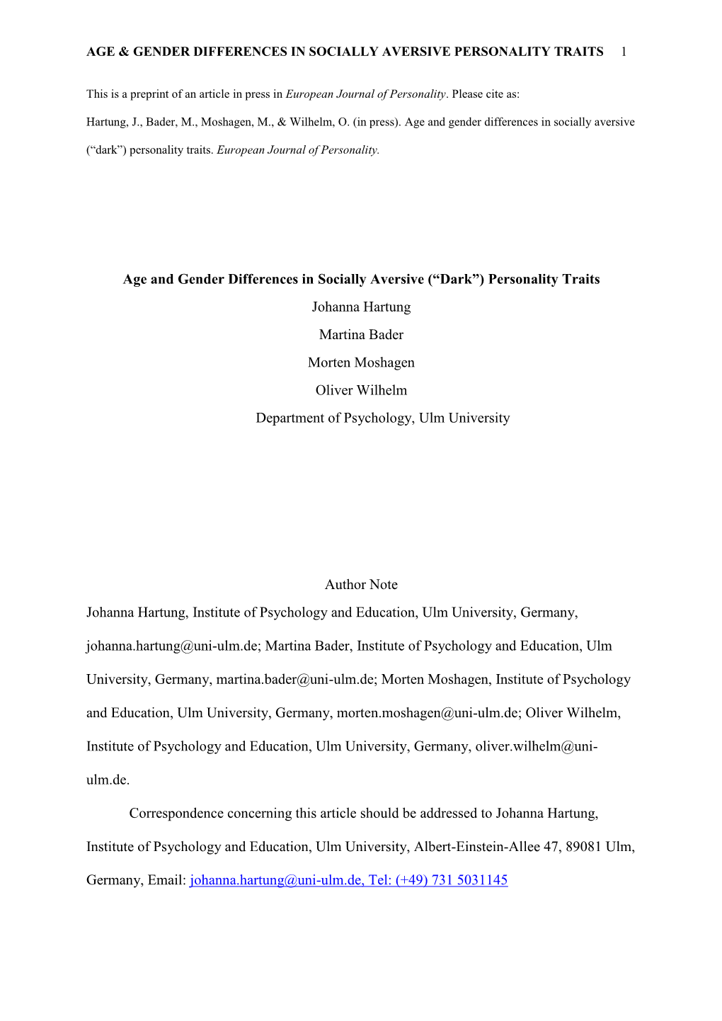 Age and Gender Differences in Socially Aversive (“Dark