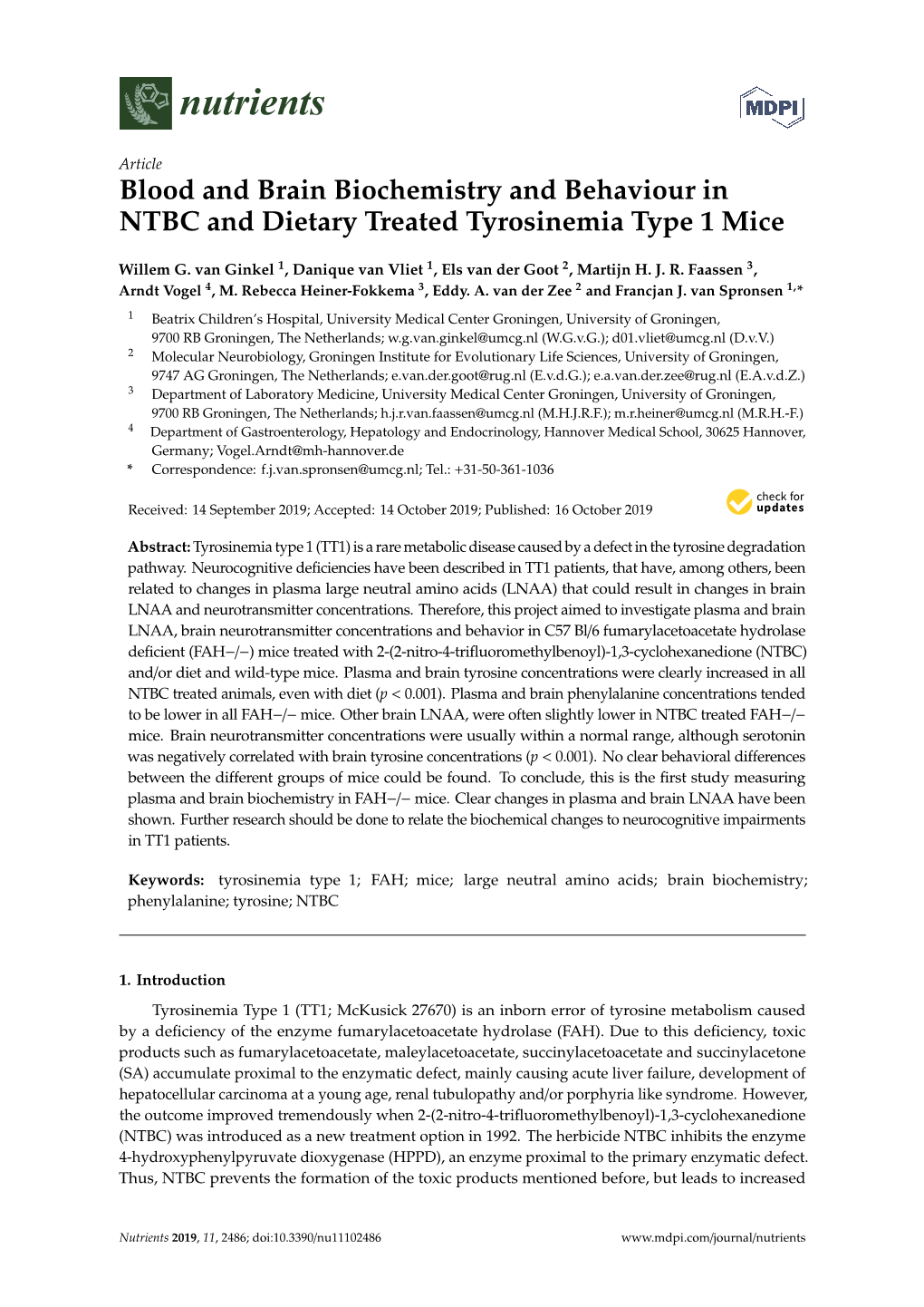 Blood and Brain Biochemistry and Behaviour in NTBC and Dietary Treated Tyrosinemia Type 1 Mice