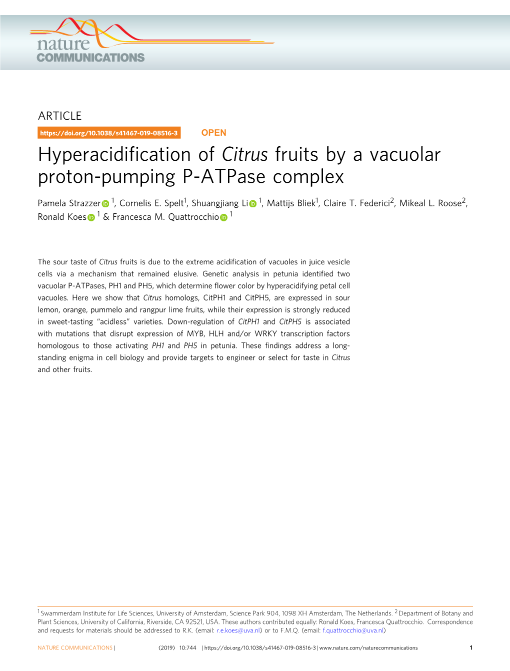 Hyperacidification of Citrus Fruits by a Vacuolar Proton-Pumping P-Atpase
