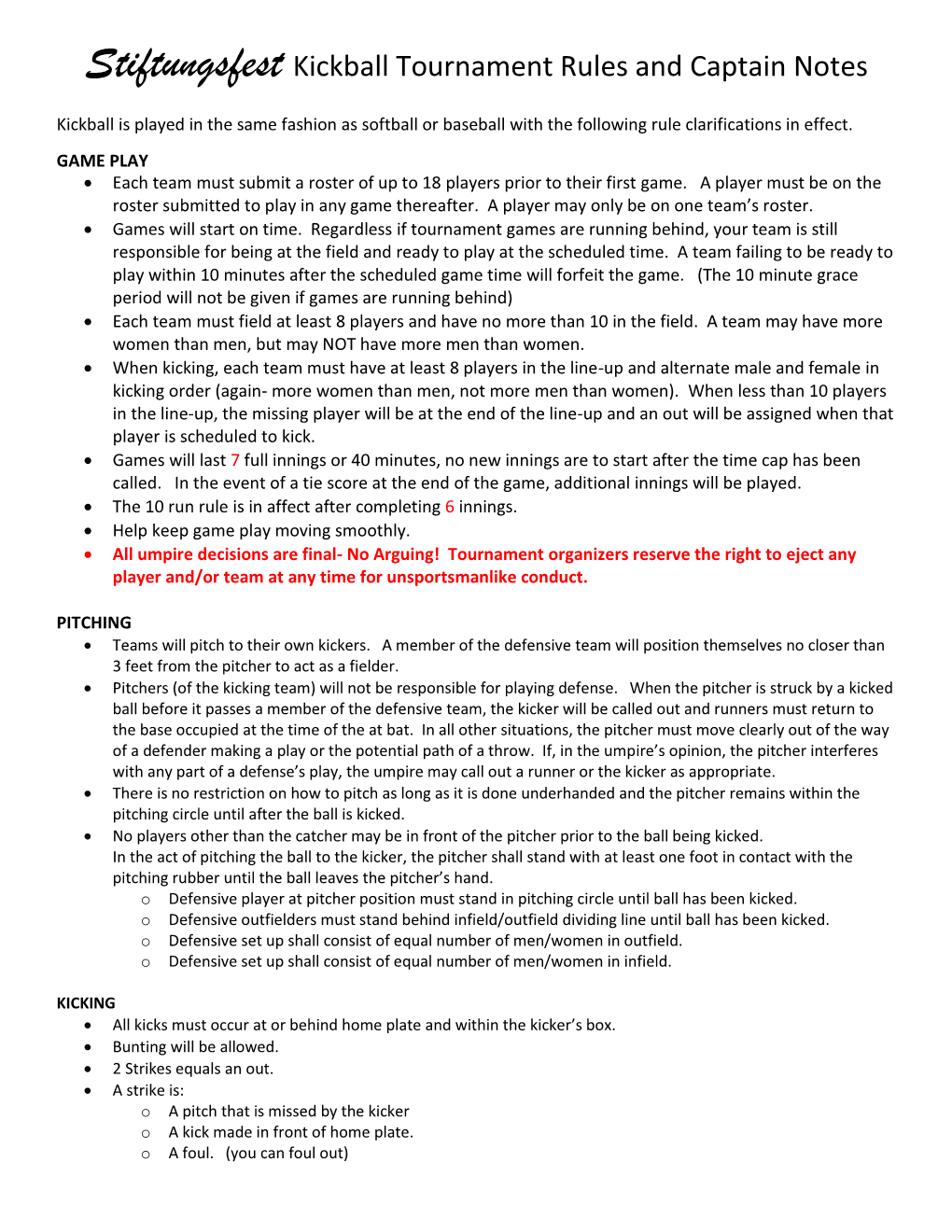 Stiftungsfest Kickball Tournament Rules and Captain Notes