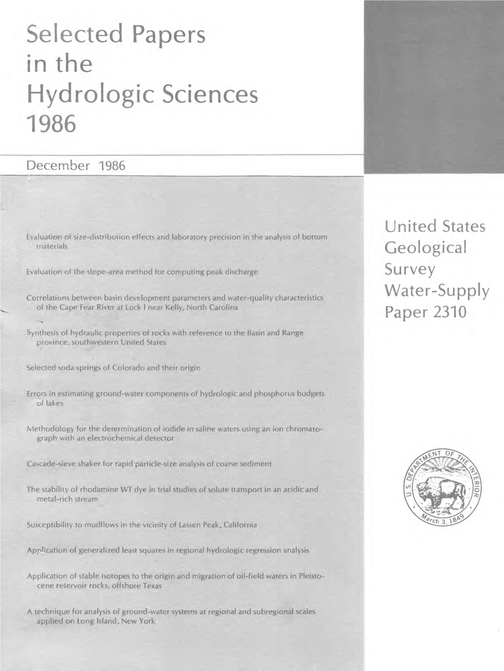 Selected Papers in the Hydrologic Sciences 1986