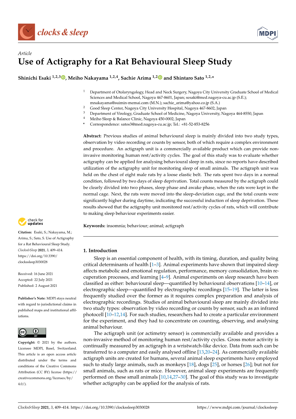 Use of Actigraphy for a Rat Behavioural Sleep Study